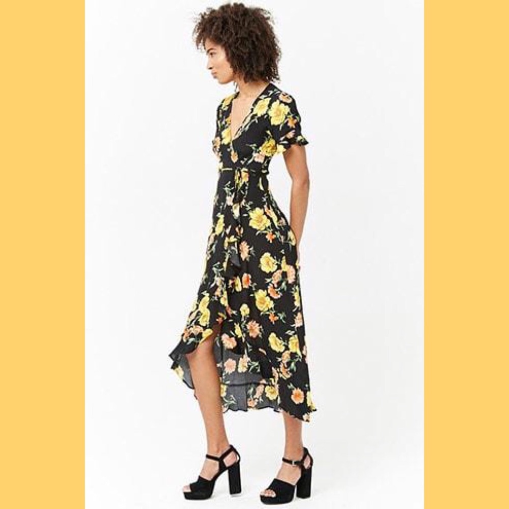 **HP** 🌻Floral Yellow & Orange Black Wrap Dress🌻 - Picture 2 of 5
